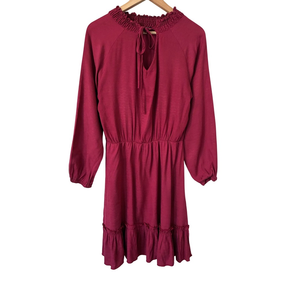 Sucrefas Boho Modest Smocked Neck Ruffle Hem Long Sleeve Dress Berry Red Medium
